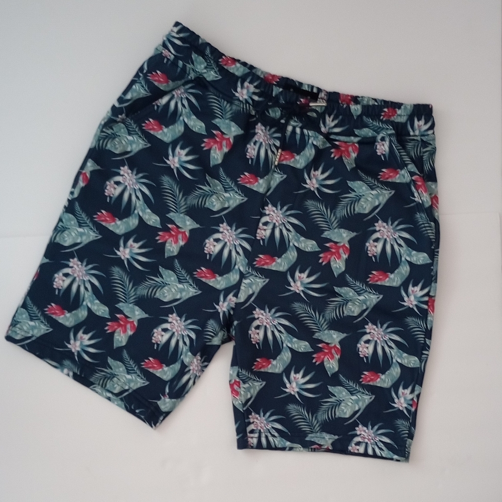 Public Record Navy & Green Tropical Print Elastic Waist Fleece Shorts, Size Med.